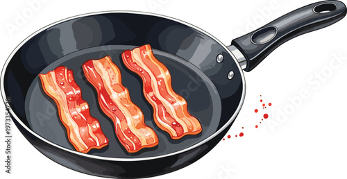 Frying Bacon in Pan Illustration with Crispy Meat Strips Cooking on Skillet for Breakfast Food Preparation Design