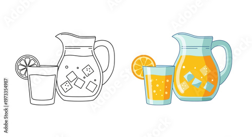 Fresh Orange Juice Pitcher and Glass Vector Set - Coloring Page and Cartoon Style Illustrations