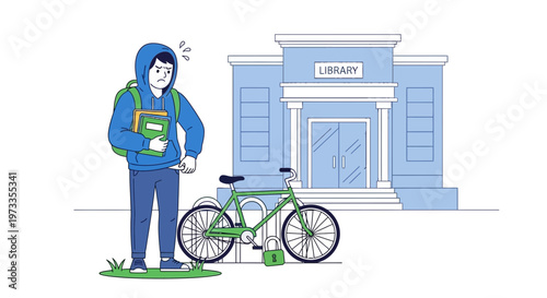 Frustrated student with locked bicycle outside library, holding books
