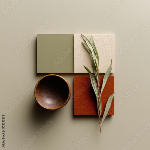 nature inspired trend color palette, earthy green beige and terracotta swatches, minimal flat lay design, creative branding concept