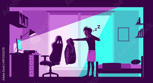 Gamer waking up tired, struggling to get dressed in a messy room with gaming setup
