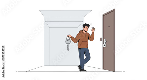 Man forgets keys, locked out of apartment, confused expression, standing at door