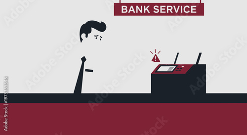 Man frustrated at malfunctioning bank ATM machine with error sign