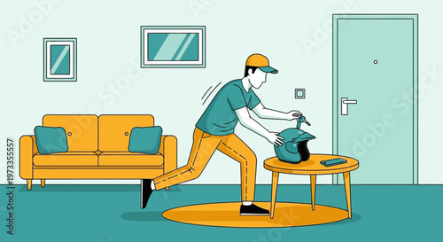 Man grabs motorcycle helmet from table, ready to leave home for a ride