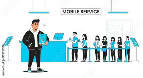 Man holding phone icon in queue at mobile service center, people waiting in line