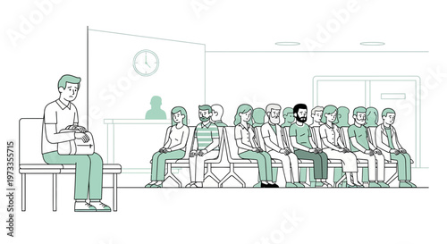 Man sits alone in waiting room with people lined up, feeling isolated