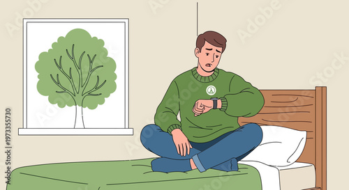 Man sitting on bed checking smartwatch, waiting, feeling anxious, looking out window