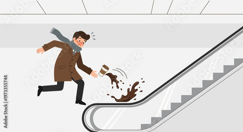 Man spills coffee on escalator, looking panicked, accidental mess, lifestyle mishap