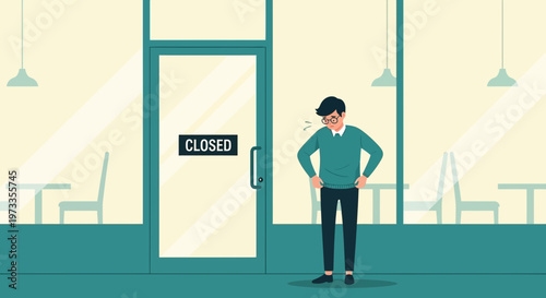 Man standing outside closed business, looking frustrated, economic downturn concept