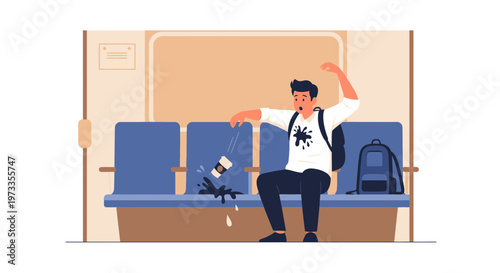 Man spills coffee on himself and shirt at a waiting area, accident