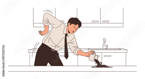 Man spilling coffee on kitchen counter, morning mishap, business attire
