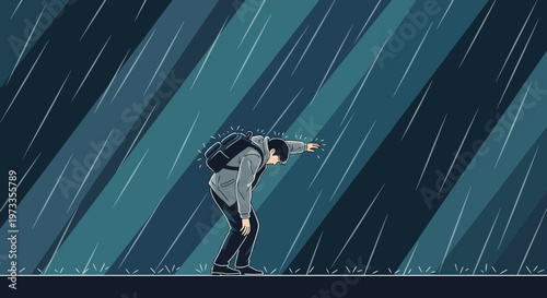 Man struggling against heavy rain, carrying backpack, feeling overwhelmed
