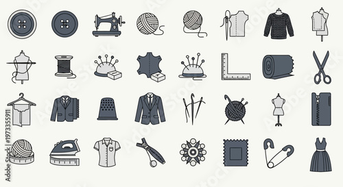 Sewing and Tailoring Icon Set: Vector Illustrations for Fashion Design, Dressmaking, Knitting, and Needlework Equipment