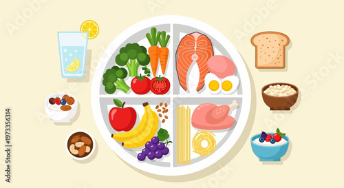 Healthy Balanced Diet Plate Infographic with Food Groups, Nutrition Flat Vector Illustration of Vegetables, Fruits, Protein, and Grains for Wellness and Lifestyle Concept