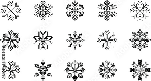 Collection of fifteen black line snowflake on a white background winter symbol pattern