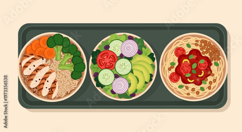 Healthy Meal Prep Bowls Illustration with Chicken, Fresh Salad, and Pasta