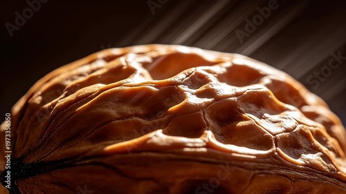 Brown nut texture with light rays on dark background