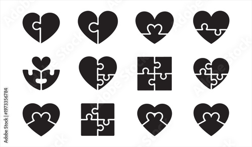 Heartbreak icon collection with split and damaged hearts black silhouette design