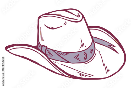 Hand-drawn cowboy hat illustration with decorative band and stitching details
