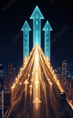 Digital arrows rise from city lights symbolizing growth and