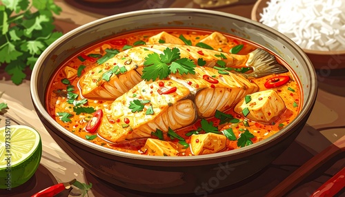 A vibrantly colored dish featuring salmon in a rich, orange-hued curry with herbs, peppers, tofu, and rice on the side