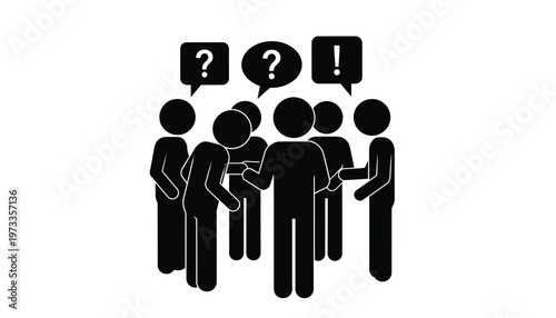Group of stick figures having a discussion while displaying various speech bubbles with question and exclamation marks