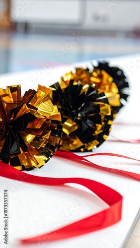 Close-up of gold and black cheerleading pom-poms with red ribbons, blurred background, showing detail and texture