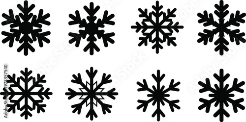 Eight black snowflake on white background winter cold