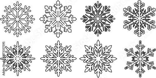 Eight distinct black outline snowflake on white background winter cold