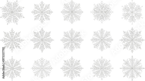 Fifteen grey line snowflakes arranged in three rows on a white background winter cold