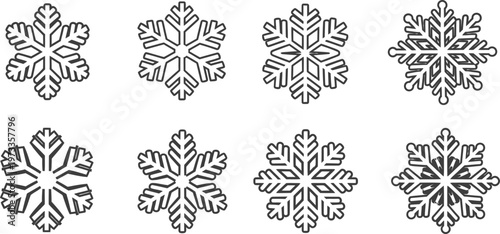 Eight unique snowflake in black outline on white background winter cold