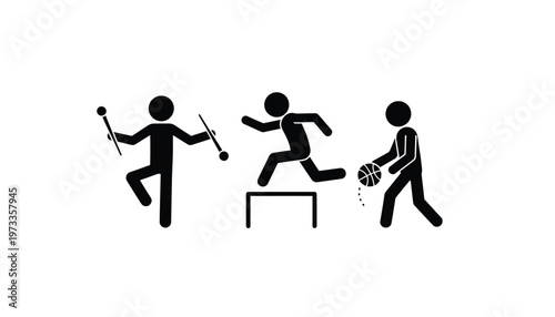 Simple stick figures illustrate diverse human activities including hurdle jumping, basketball dribbling, and rhythmic baton performance.