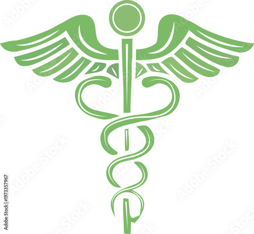 Green caduceus medical symbol vector illustration with wings and snakes for healthcare design
