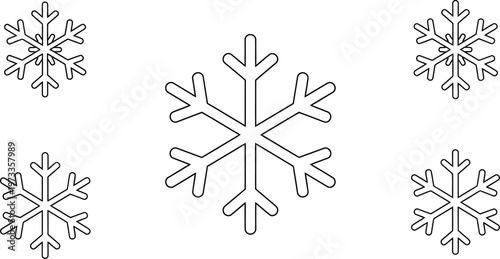 Five black outline snowflakes on a white background winter cold