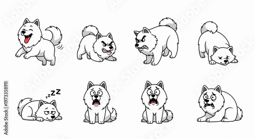 Samoyed dog expressing various emotions in cartoon style illustrations  