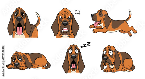 Cartoon bloodhound dog showing different emotions and actions 