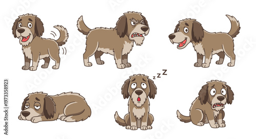 Cartoon dog expressing various emotions and actions in animated style  