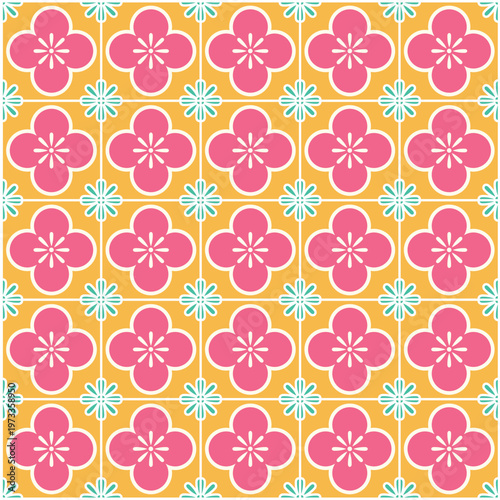 Colorful Peranakan Tile Pattern Background with Floral Geometric Ornament