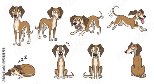 Cartoon Saluki dog characters displaying various emotions and actions  