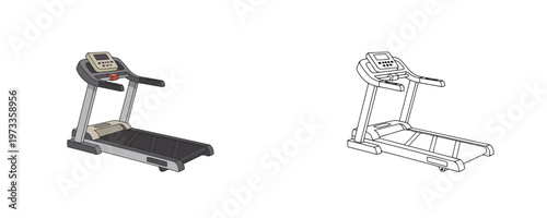 Electric gym treadmill cartoon illustrations in flat grey and black line art styles represents fitness equipment for cardio running isolated on white background