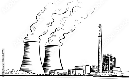 Black and white of industrial power plant cooling towers and chimney emitting smoke