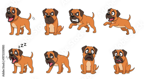 Cartoon mastiff dog in various emotional poses and actions  
