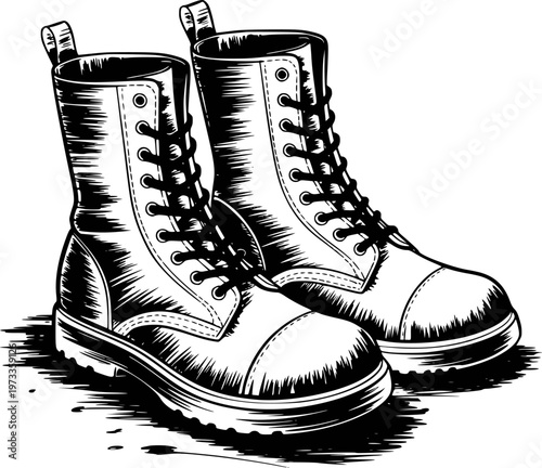 Black and white of lace up combat boots with thick soles footwear