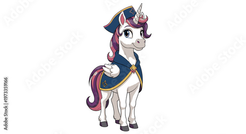 Cartoon unicorn wearing a blue cape and hat with a star emblem  