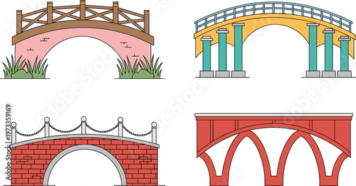Arch Bridge Collection with Wooden, Stone and Modern Structures Showing Different Architectural Designs for Infrastructure Illustration