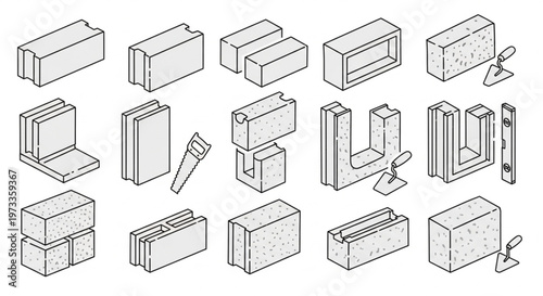 Isometric Masonry Blocks and Construction Tools Collection