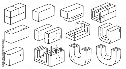 Isometric Line Drawing of Various Brick and Block Types