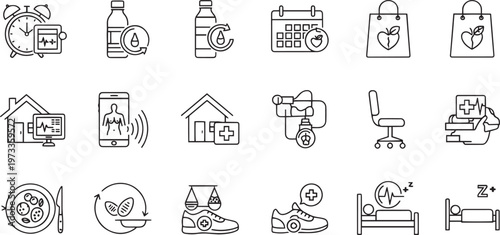 Healthy Lifestyle Home Care Monitoring and Daily Wellness Outline Icon Set