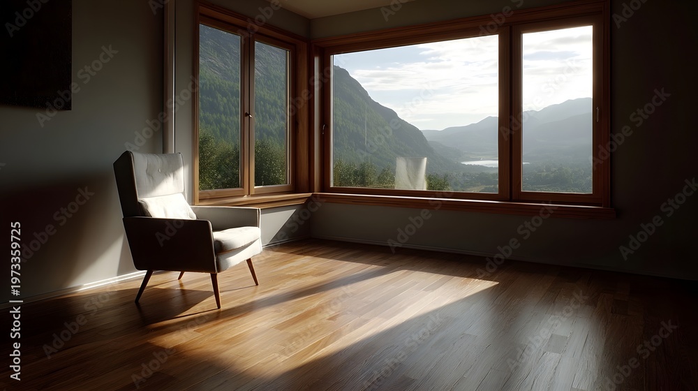 Fototapeta premium Sunlight streams into a modern room with a chair overlooking a serene mountain vista and lake