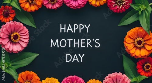Title happy mother's day floral arrangement with vibrant zinnias description a beautiful wreath of colorful zinnia flowers surrounds the text